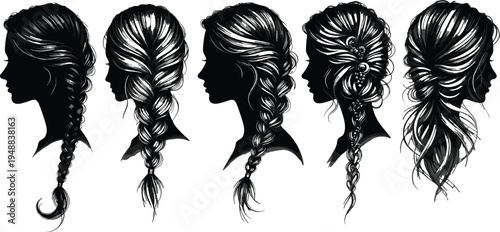 Set of five elegant female profile silhouettes with intricate braided hairstyles and messy buns hand drawn vector illustrations for beauty salon and fashion design