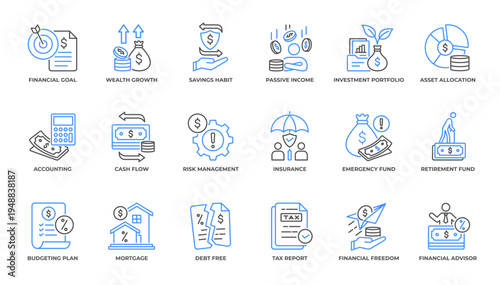Financial Plan and Financial Goal Icon Set Line Art Vector Illustration Editable
