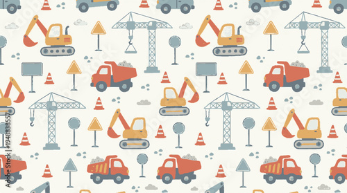 Kids' construction vehicles seamless pattern with excavators cranes trucks and road cones on white background for design and decoration