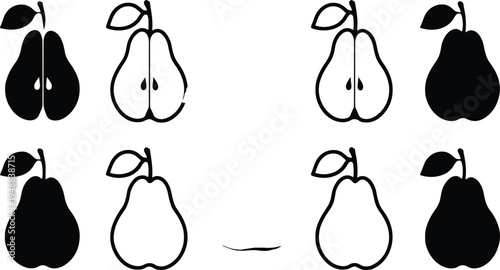 Set of pear fruit icons featuring black silhouettes and white line art outlines with sliced halves and whole fruit shapes for organic food branding