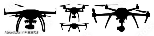 Autonomous agricultural drone set with solid black silhouette and multi-spectral sensor array featuring precision farming, crop monitoring, drone technology with illustration and vector graphics