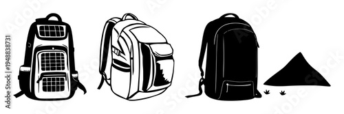 Solar-powered backpack set with solid black fill on white background featuring solar panel, backpack, tech with nomadic lifestyle and sustainability