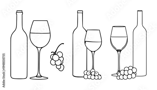 Wine bottle and glass set with minimalist line art design featuring grapes, stemware, beverages with monochrome tones and continuous stroke