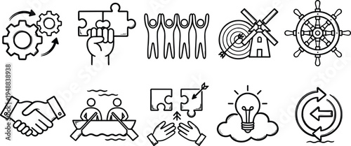 Set of Professional Business Teamwork Icons Featuring Vector Line Art Symbols for Collaboration Partnership Strategy Success Leadership and Corporate Growth Elements in Sketch Style