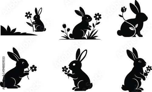 Collection of six black silhouette illustrations of rabbits in various poses with flowers