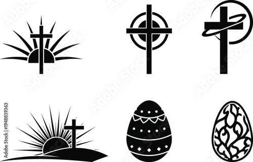 Easter symbols and crosses in black and white illustrations