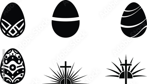 Collection of six unique black and white easter egg designs with various patterns