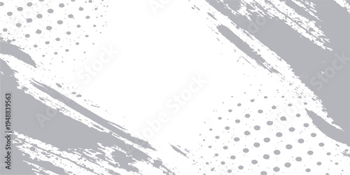 Abstract a minimalist grunge design with dynamic brush strokes and halftone dots in a cool color palette, offering a striking visual texture. 