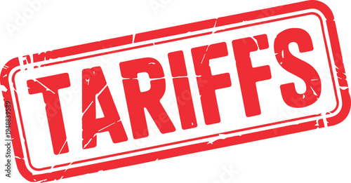 A red grunge style stamp icon with the word tariffs printed in capital letters on white background