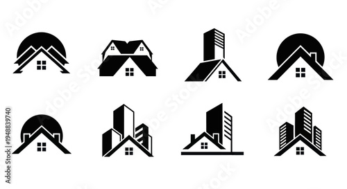 Black and white house building icons.