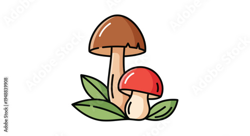 Two cartoon mushrooms with leaves base.