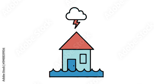 House in flood water with storm.