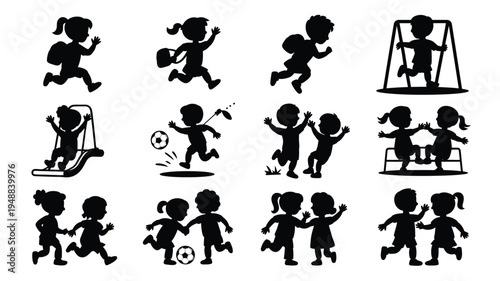 Set of black silhouette icons featuring children playing and engaging in various fun activities like running swinging and sliding on a white background