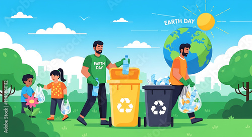 Earth Day illustration of people cleaning up and recycling to protect the planet