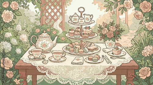 Elegant garden tea party scene with tiered cake stand and teapot on wooden table
