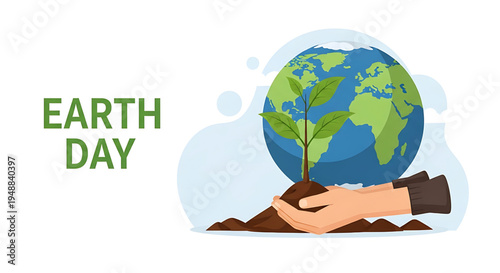 Earth Day Celebration Hands Planting a Sapling on Planet Earth to Promote Environmental Awareness and Sustainability