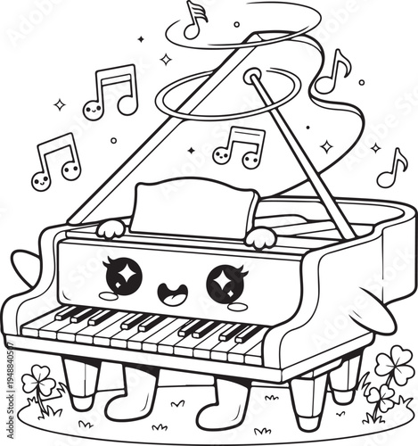 Adorable kawaii grand piano character playing music with happy musical notes floating around, Generative Ai