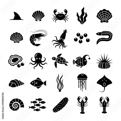 A collection of sea icons and fish vector silhouettes set in a black nature design element pattern isolated on white
