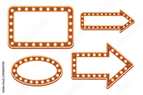 Realistic vintage marquee light box, retro glowing bulb frames, cinema, theater, show promotion, blank billboard, arrow, banner template vector collection for design projects.