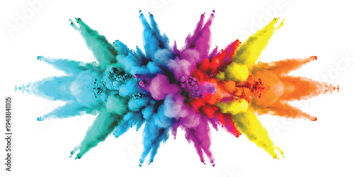 Vibrant multi-colored powder explosion burst with symmetrical starburst shape isolated on white background vector illustration for celebration and creative design