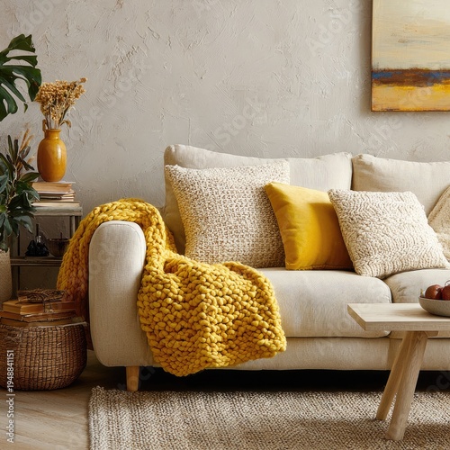 Cozy living room setup with a cream sofa, yellow accents, and natural textures