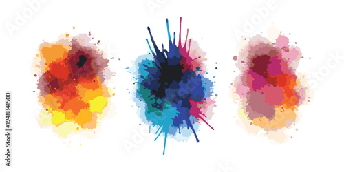 Set of colorful abstract watercolor paint splatters and ink blots with vibrant drips and splashes vector illustration on white background