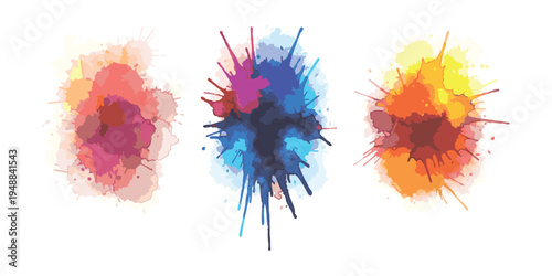 Set of three vibrant colorful watercolor paint splashes and ink splatters with artistic textures vector illustration on white background