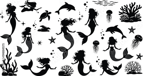 A collection of black silhouettes featuring mermaids and various sea creatures on white background