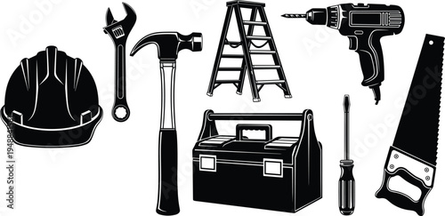 Construction tools set with safety helmet hammer electric drill toolbox ladder saw wrench and screwdriver isolated on white background for repair