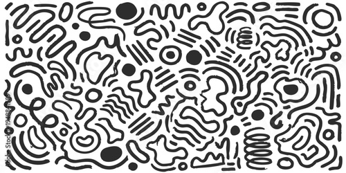 Abstract hand drawn doodle pattern with black squiggles and organic shapes on white background vector illustration for modern creative design