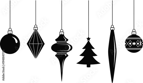 A collection of six distinct black and white silhouettes of hanging christmas tree ornaments set