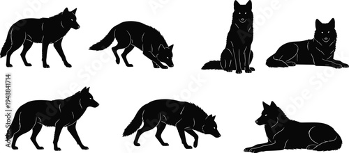 A collection of black wolf silhouettes in various poses including standing sitting and lying down