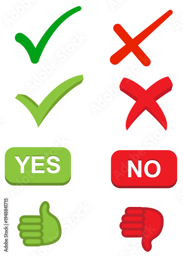 Set of 8 green checkmark, yes button, thumbs up, and red cross, no button, thumbs down vector icons for approval and disapproval