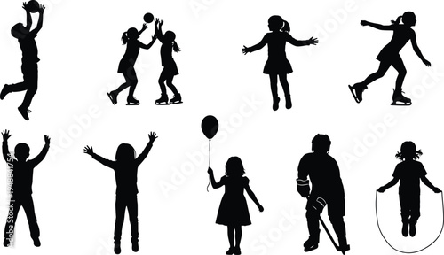 A collection of black silhouettes showing various children playing and doing activities outdoors