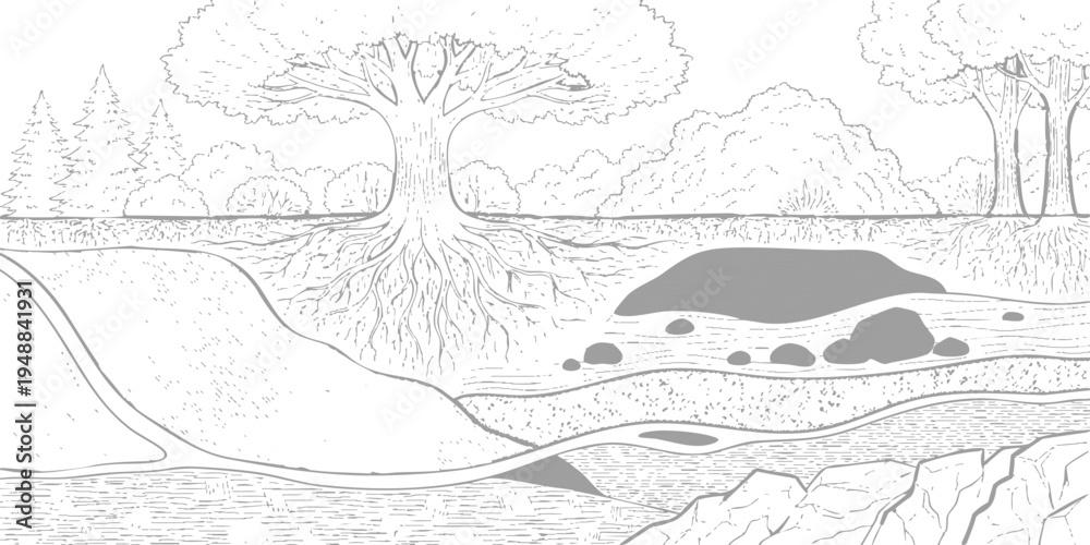 Obraz premium Detailed vector illustration cross section of a landscape showing tree roots, soil layers, and underground caves in sketch style