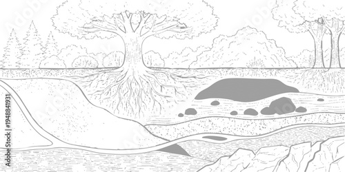 Detailed vector illustration cross section of a landscape showing tree roots, soil layers, and underground caves in sketch style