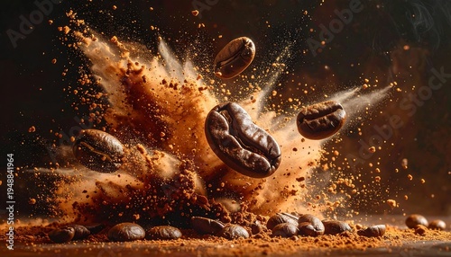 A dynamic scene of coffee beans exploding