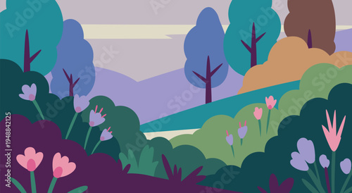 Enchanting Spring Landscape Vector Illustration with Blooming Flowers and Lush Trees