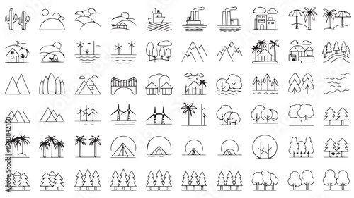 Collection of vector icons representing nature, landscapes, and industry