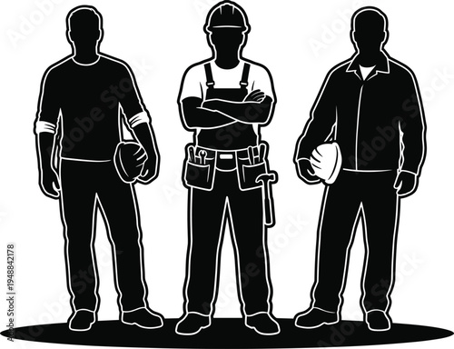 Construction worker professional silhouettes set with site engineer holding helmet, builder in overalls with tool belt, and industrial contractor icons