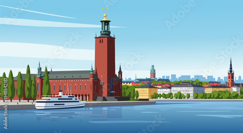 Stockholm City Hall vector illustration with boat and cityscape, representing Stockholm's beauty and iconic landmarks