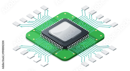 Isometric digital microchip, vector illustration of a modern computer processor with integrated circuits on a green board, technology concept