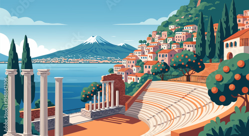 Vector illustration of ancient ruins on a hill overlooking the sea with a distant volcano, Italian coastal town