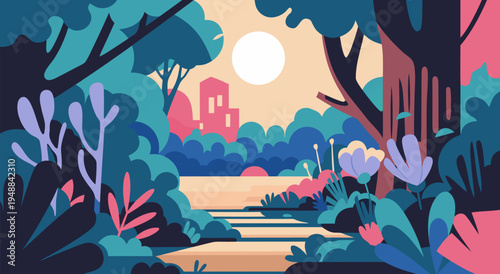 Enchanting Vector Illustration of a Serene Forest Path Leading to Distant Buildings at Sunrise, a Peaceful Nature Scene