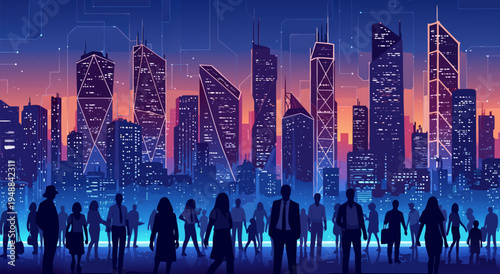 Futuristic Cityscape Vector Illustration with Diverse Crowd in Neon Lights, Business District Skyline