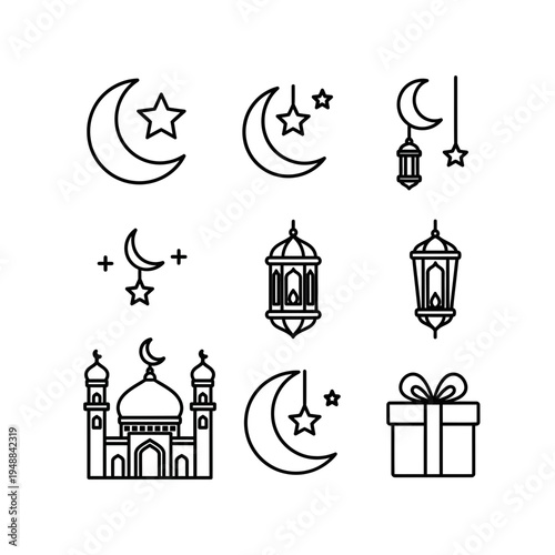 minimalist islamic symbols set with crescent moon lantern mosque and prayer beads