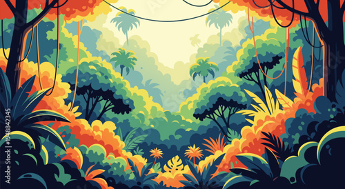 Vibrant Jungle Landscape Vector Illustration A Lush Tropical Paradise with Dense Foliage and Bright Colors