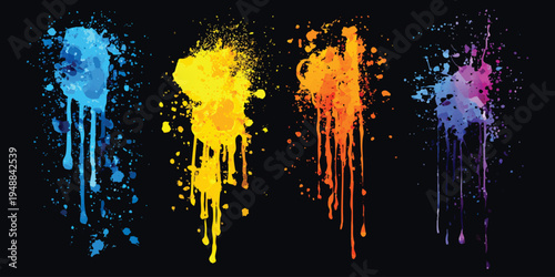Bright colorful neon watercolor paint splashes and ink drip drops on dark black background vector illustration.