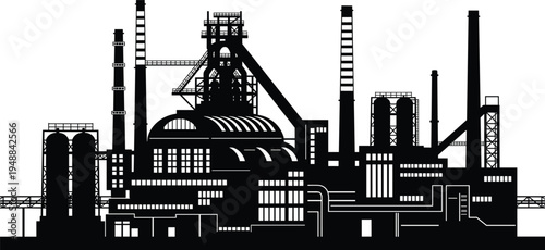 A detailed black silhouette illustration of a large industrial factory plant with tall chimneys