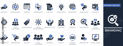 Branding icon set. Containing brand value, strategy, target, value, social media, advertising, and loyal customer icons. Perfect vector icon collection